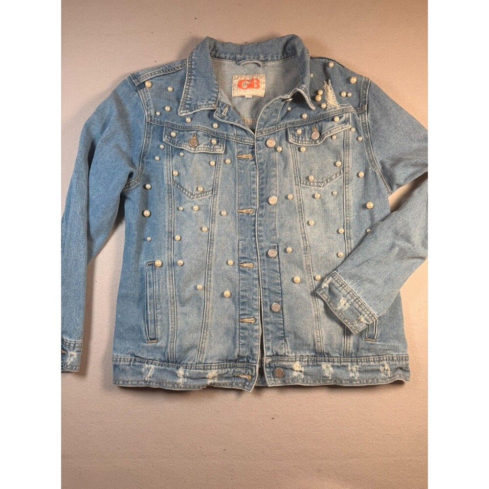 GB Gianni Bini Distressed Pearl Boho Jean Jacket Medium Cottagecore